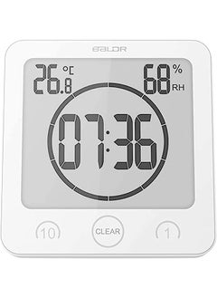 BALDR Digital Shower Clock with Timer - Waterproof Shower Timer for Kids and Adults - Bathroom Clock That Displays Time and Temperature - Battery Operated Digital Clock and Waterproof Timer - White