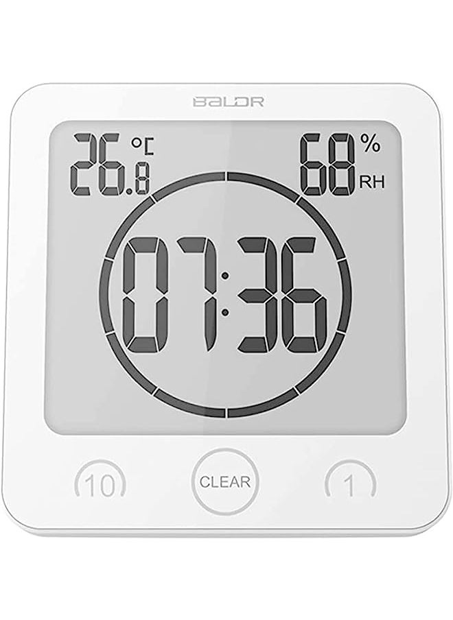 BALDR - BALDR Digital Shower Clock with Timer - Waterproof Shower Timer for Kids and Adults - Bathroom Clock That Displays Time and Temperature - Battery Operated Digital Clock and Waterproof Timer - White - Image 1