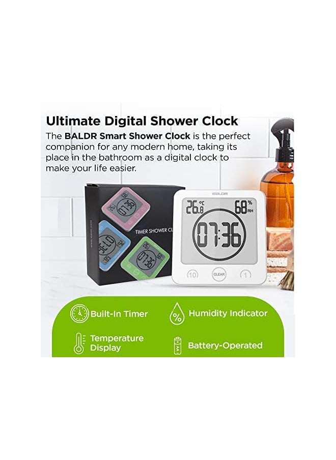 BALDR - BALDR Digital Shower Clock with Timer - Waterproof Shower Timer for Kids and Adults - Bathroom Clock That Displays Time and Temperature - Battery Operated Digital Clock and Waterproof Timer - White - Image 1