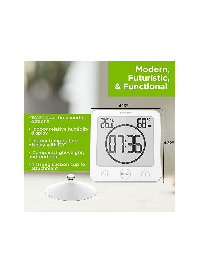 BALDR - BALDR Digital Shower Clock with Timer - Waterproof Shower Timer for Kids and Adults - Bathroom Clock That Displays Time and Temperature - Battery Operated Digital Clock and Waterproof Timer - White - Image 1
