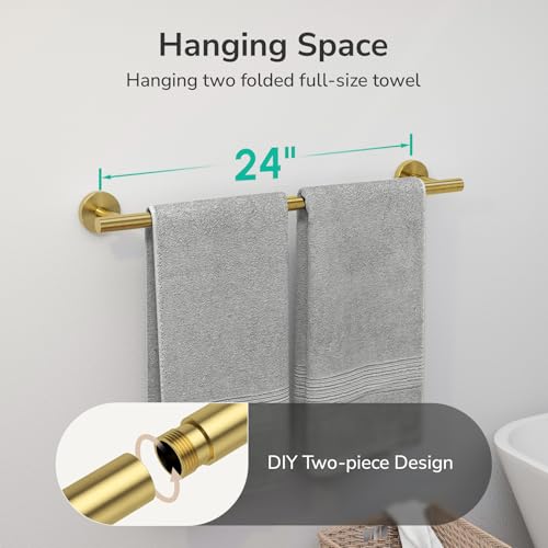 USHOWER Brushed Gold Towel Bar, 24-Inch Towel Racks for Bathroom Wall-Mounted, SUS304 Stainless Steel Towel Rod (Total Length 26-Inch) - Image 4