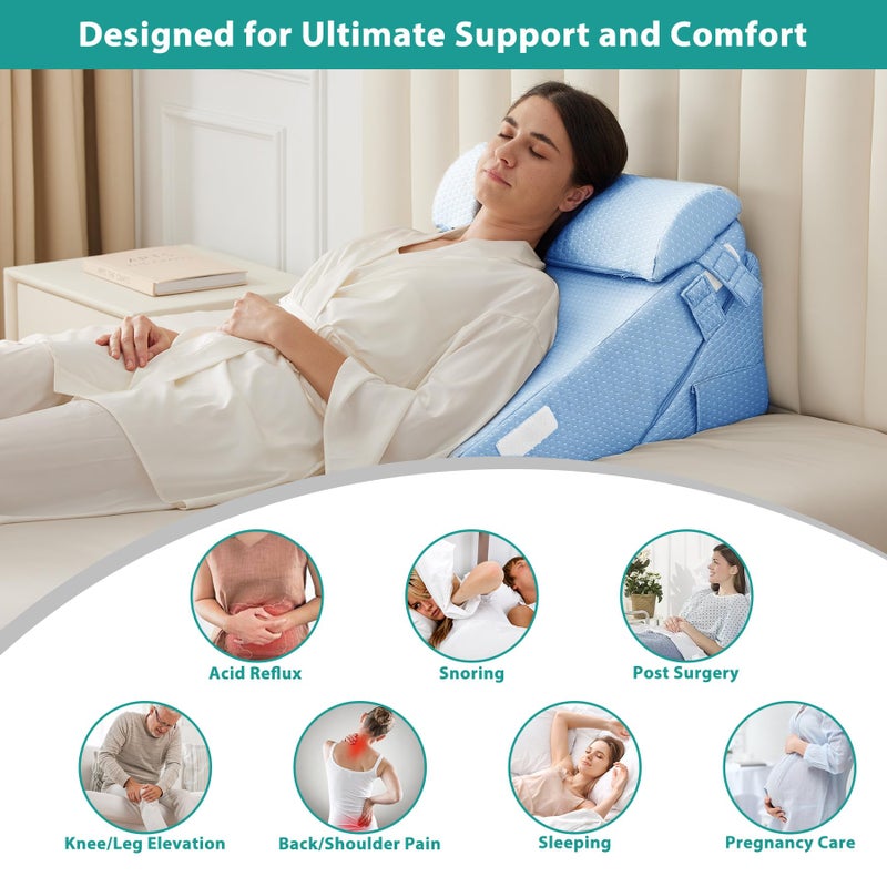 Bedluxe 3Pcs Orthopedic Bed Wedge Pillow Set, Foam Wedge Pillow Post Surgery for Back, Leg and Knee Support, Adjustable 9&12 Inch Folding Triangle Pillow for Sleeping, Acid Reflux, Snoring, Light Blue - Image 4