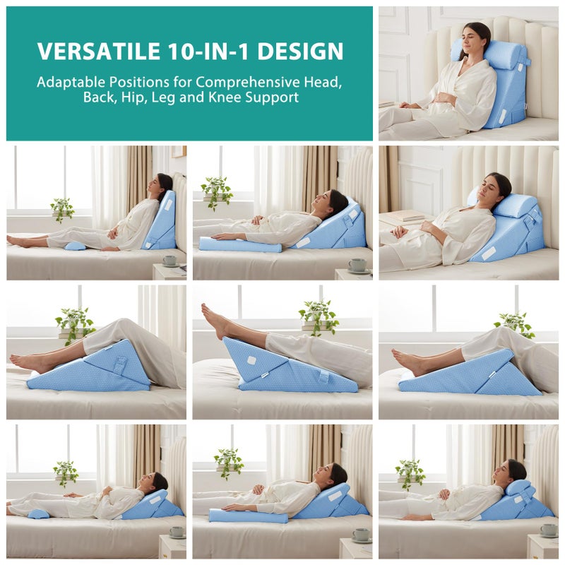 Bedluxe 3Pcs Orthopedic Bed Wedge Pillow Set, Foam Wedge Pillow Post Surgery for Back, Leg and Knee Support, Adjustable 9&12 Inch Folding Triangle Pillow for Sleeping, Acid Reflux, Snoring, Light Blue - Image 3