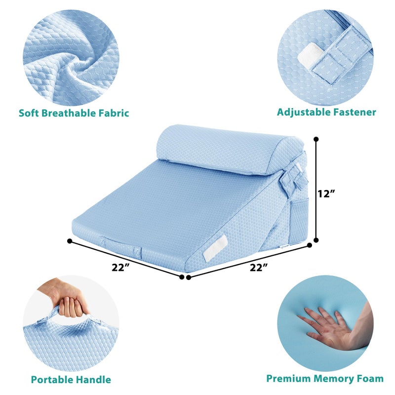 Bedluxe 3Pcs Orthopedic Bed Wedge Pillow Set, Foam Wedge Pillow Post Surgery for Back, Leg and Knee Support, Adjustable 9&12 Inch Folding Triangle Pillow for Sleeping, Acid Reflux, Snoring, Light Blue - Image 2