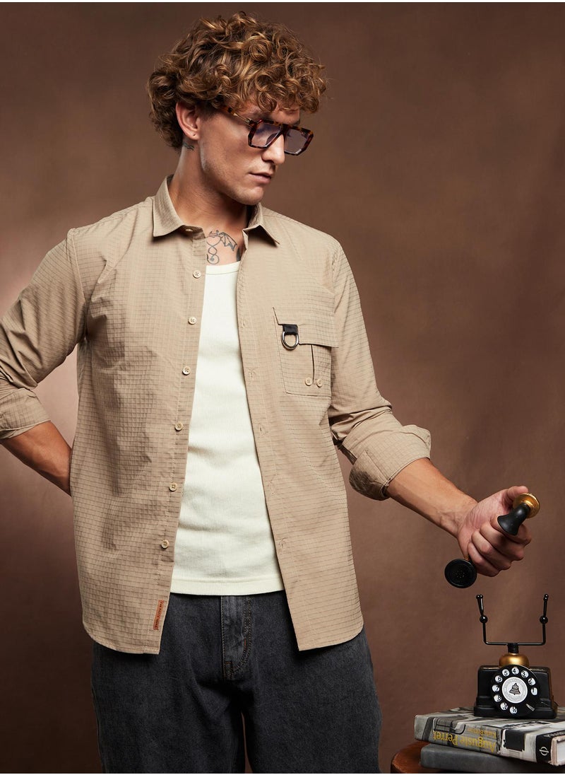Campus Sutra Campus Sutra Men's Sand Beige Grid-Utility Shirt For Casual Wear | Spread Collar | Long Cuffed Sleeves | Button Closure | Shirt Crafted With Comfort Fit For Everyday Wear  - Image 1