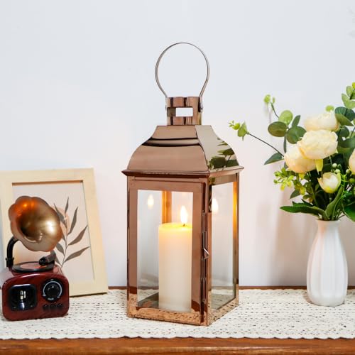 JHY DESIGN Decorative Candle Lanterns 15 High Stainless Steel Candle Lanterns with Tempered Glass for Indoor Outdoor Events Parities and Weddings Vintage Style Hanging LampsRose Gold - Image 1