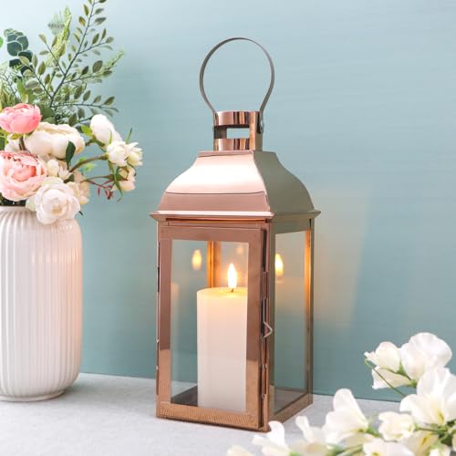 JHY DESIGN Decorative Candle Lanterns 15 High Stainless Steel Candle Lanterns with Tempered Glass for Indoor Outdoor Events Parities and Weddings Vintage Style Hanging LampsRose Gold - Image 3