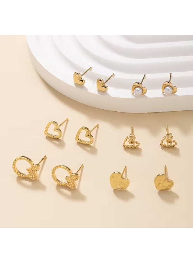 aeen 6 Pairs Heart-Shaped Earrings Set for Women – Zinc Alloy with Imitation Pearl Inlay, Stainless Steel Posts, Elegant Ramadan Collection Jewelry for Daily Wear and Special Occasions - Image 4
