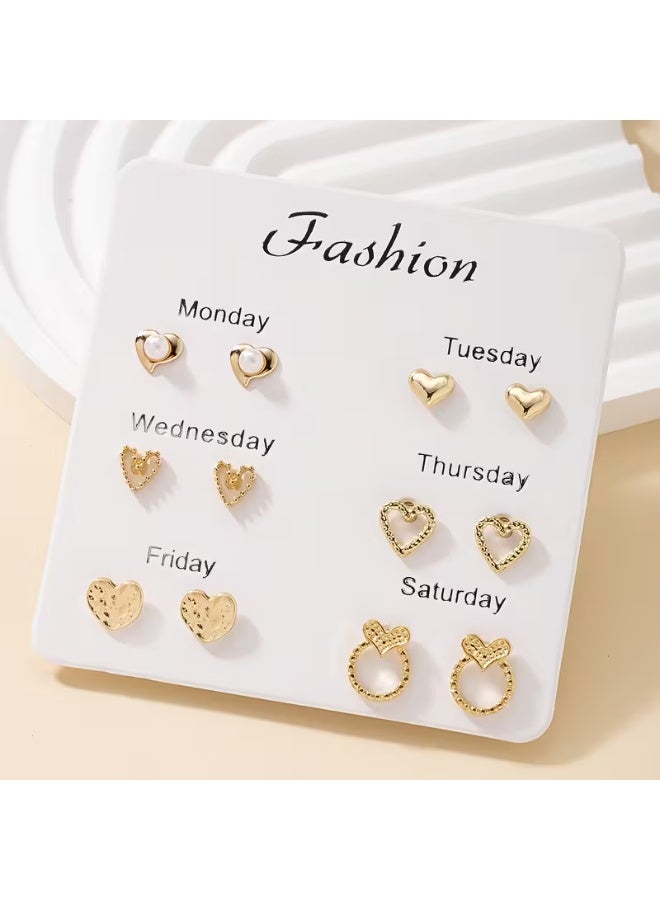 aeen 6 Pairs Heart-Shaped Earrings Set for Women – Zinc Alloy with Imitation Pearl Inlay, Stainless Steel Posts, Elegant Ramadan Collection Jewelry for Daily Wear and Special Occasions - Image 1