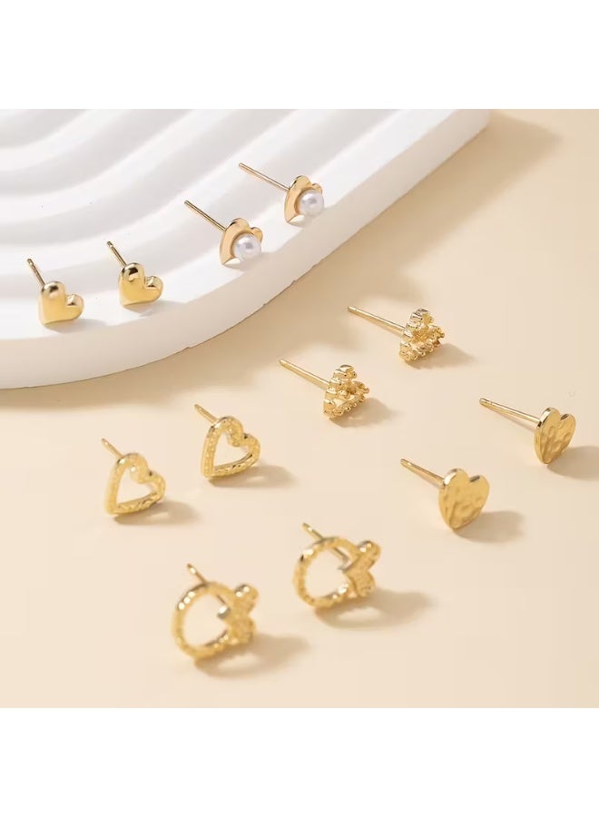 aeen 6 Pairs Heart-Shaped Earrings Set for Women – Zinc Alloy with Imitation Pearl Inlay, Stainless Steel Posts, Elegant Ramadan Collection Jewelry for Daily Wear and Special Occasions - Image 2