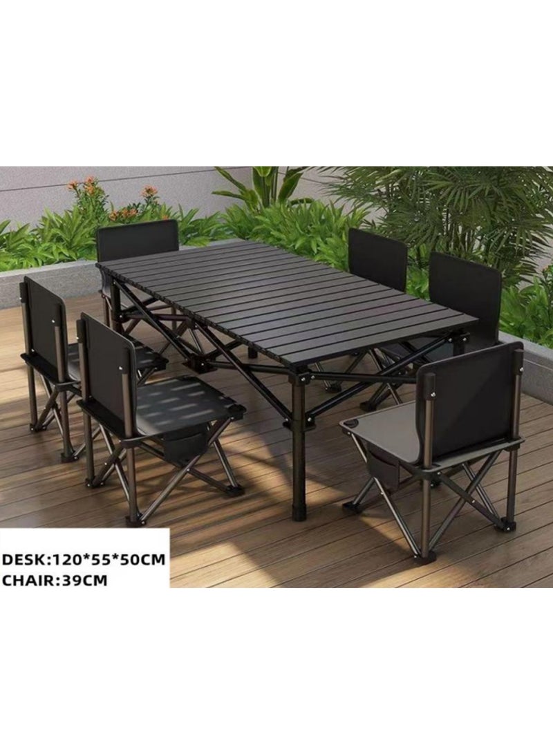 DubaiGallery A durable portable outdoor dining system featuring a long foldable table with a slatted top and six supportive foldable chairs, designed for ease of use, compact storage, and dependable stability during picnics, garden meals, campsite cooking, and family outdoor activities. - Image 5