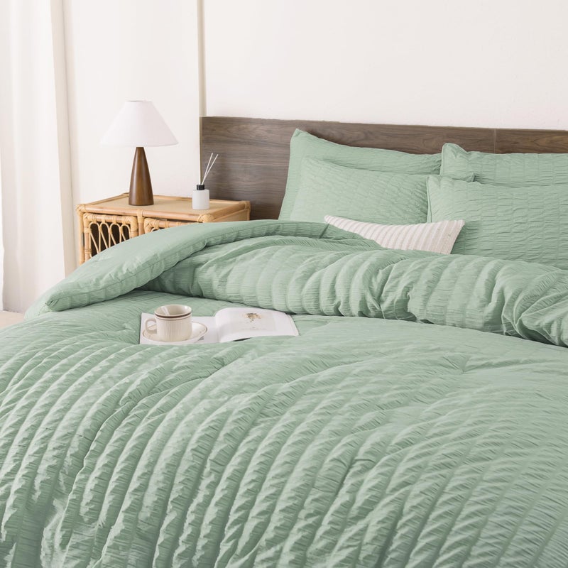 Andency Sage Green Comforter Full Size (79x90 Inch)  3 Pieces (1 Seersucker Textured Comforter and 2 Pillowcases)  100% Soft Washed Microfiber Summer Lightweight Down Alternative Bedding Set