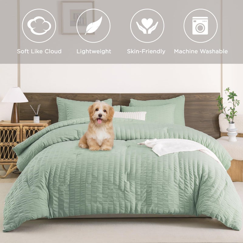 Andency Sage Green Comforter Full Size (79x90 Inch)  3 Pieces (1 Seersucker Textured Comforter and 2 Pillowcases)  100% Soft Washed Microfiber Summer Lightweight Down Alternative Bedding Set