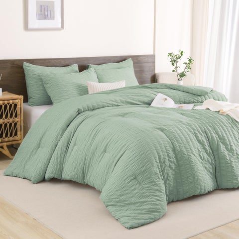 Andency Sage Green Comforter Full Size (79x90 Inch)  3 Pieces (1 Seersucker Textured Comforter and 2 Pillowcases)  100% Soft Washed Microfiber Summer Lightweight Down Alternative Bedding Set
