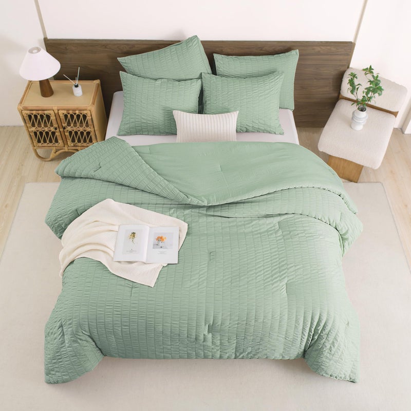 Andency Sage Green Comforter Full Size (79x90 Inch)  3 Pieces (1 Seersucker Textured Comforter and 2 Pillowcases)  100% Soft Washed Microfiber Summer Lightweight Down Alternative Bedding Set