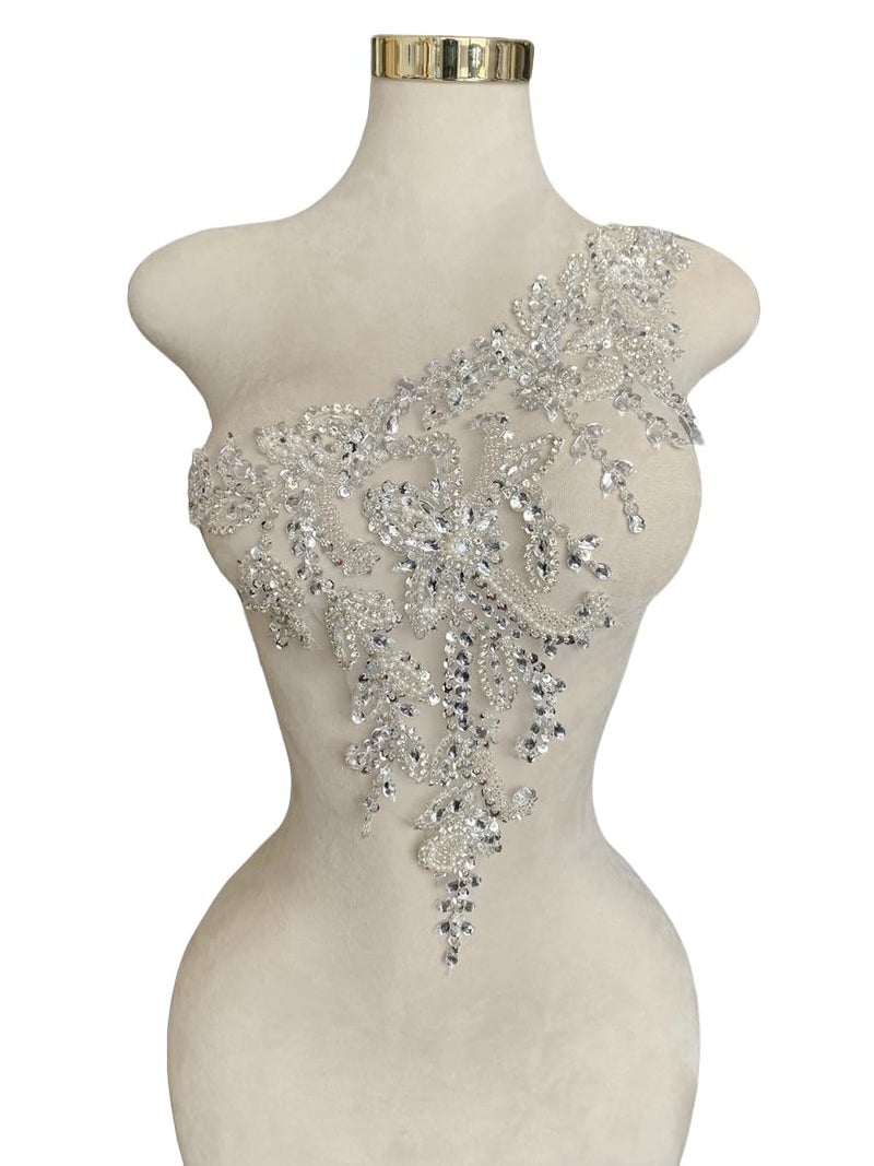 Akiko.CC Handmade Rhinestones Applique DIY Handsewing Beads Sequins Trim Patch One Shoulder Dress Clothes Accessories 10X22inches (Silver,A) - Image 1