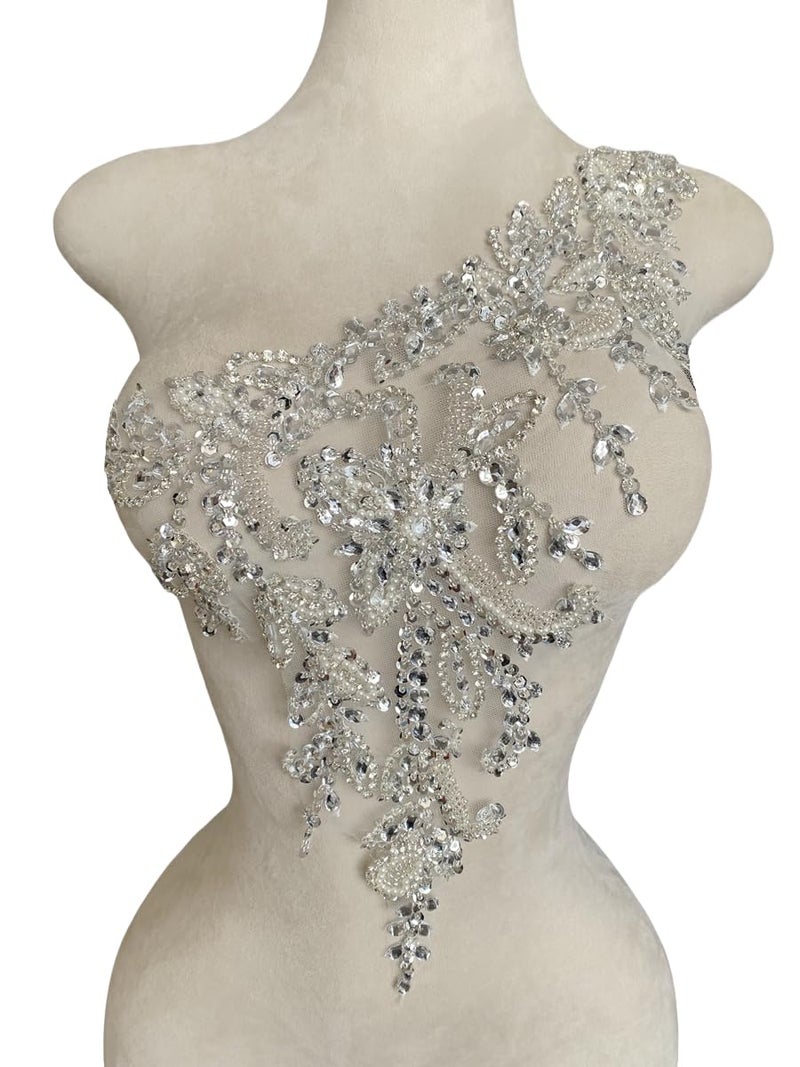 Akiko.CC Handmade Rhinestones Applique DIY Handsewing Beads Sequins Trim Patch One Shoulder Dress Clothes Accessories 10X22inches (Silver,A) - Image 2
