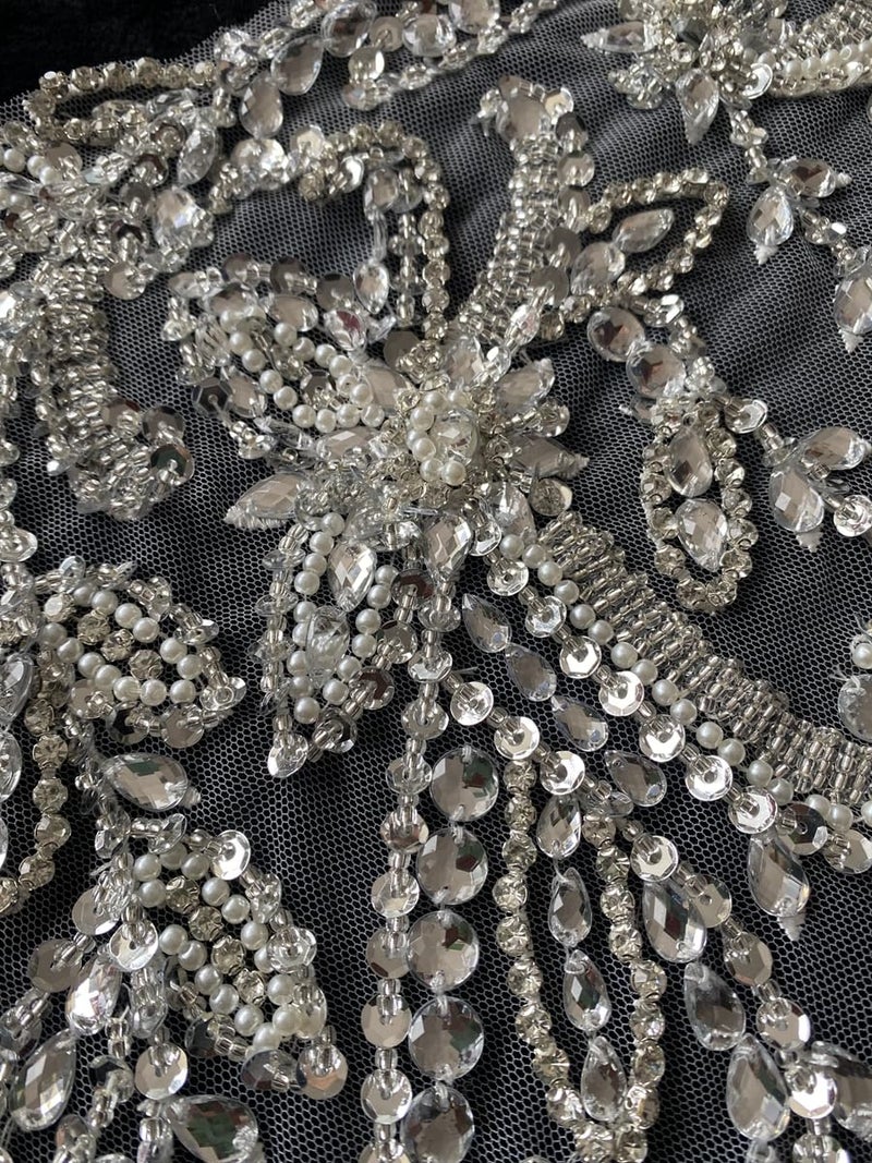 Akiko.CC Handmade Rhinestones Applique DIY Handsewing Beads Sequins Trim Patch One Shoulder Dress Clothes Accessories 10X22inches (Silver,A) - Image 3