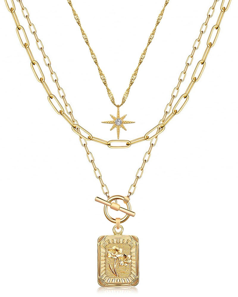 MJartoria Layered Necklaces for Women Trendy, 14K Gold Plated Simple Star Choker Square Birth Flower Necklace, Paperclip Chain Necklace, Gold Necklaces Jewelry Gifts (Gold, Z09-Peony) - Image 1