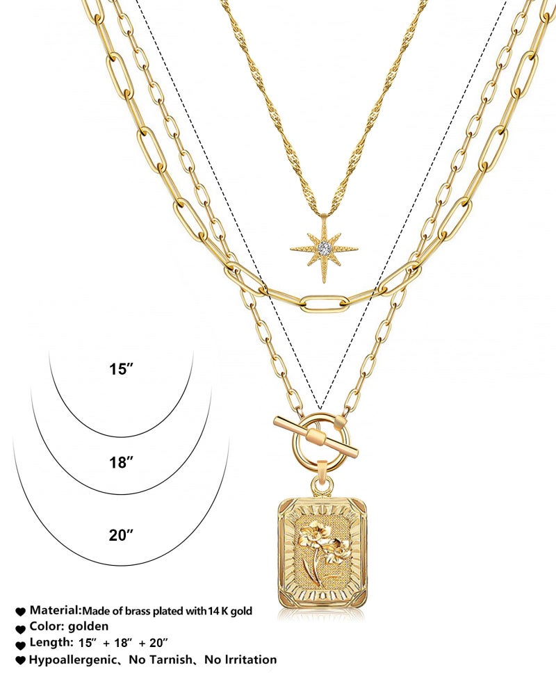 MJartoria Layered Necklaces for Women Trendy, 14K Gold Plated Simple Star Choker Square Birth Flower Necklace, Paperclip Chain Necklace, Gold Necklaces Jewelry Gifts (Gold, Z09-Peony) - Image 5