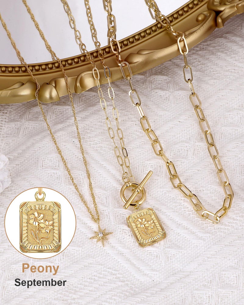 MJartoria Layered Necklaces for Women Trendy, 14K Gold Plated Simple Star Choker Square Birth Flower Necklace, Paperclip Chain Necklace, Gold Necklaces Jewelry Gifts (Gold, Z09-Peony) - Image 4