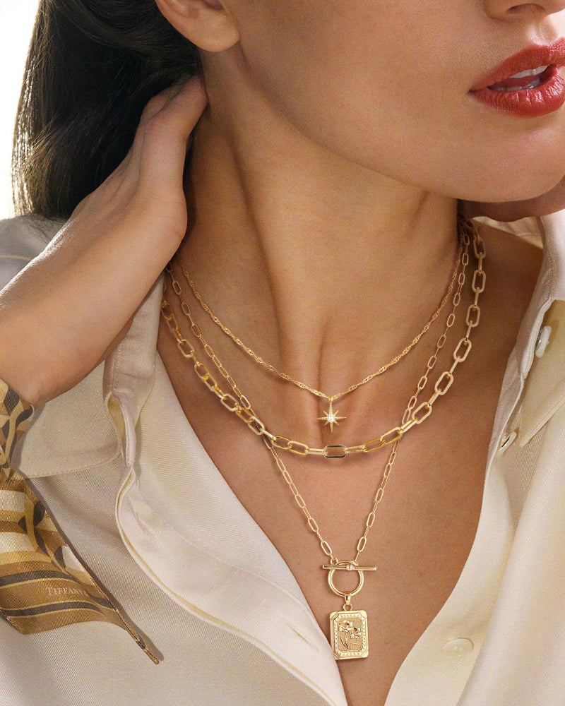 MJartoria Layered Necklaces for Women Trendy, 14K Gold Plated Simple Star Choker Square Birth Flower Necklace, Paperclip Chain Necklace, Gold Necklaces Jewelry Gifts (Gold, Z09-Peony) - Image 2