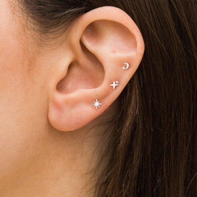 VRIUA Hypoallergenic Flat Back Earrings for Women - 14K Silver Plated Small Star Moon Sun Flat Back Stud Earrings Cartilage Helix Piercing Jewelry - Image 2