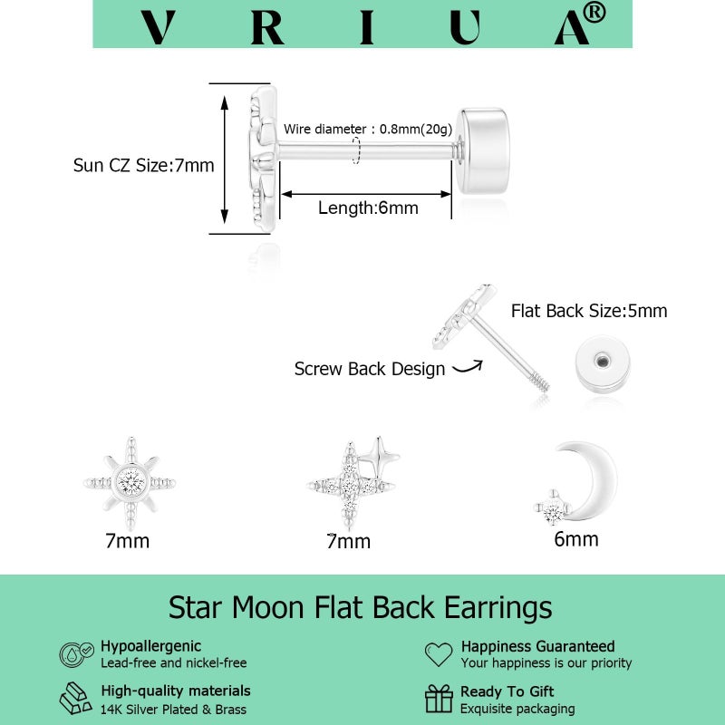 VRIUA Hypoallergenic Flat Back Earrings for Women - 14K Silver Plated Small Star Moon Sun Flat Back Stud Earrings Cartilage Helix Piercing Jewelry - Image 4