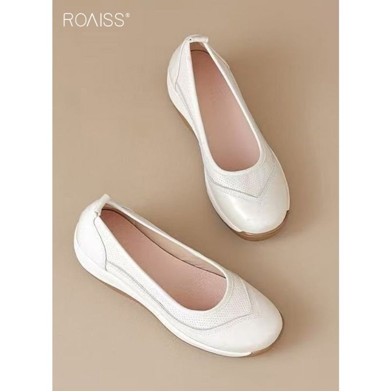 Women's Soft-Soled Comfortable Non-Slip Loafers Casual Daily Wear Breathable Slip-On Shoes with Added Height, Solid Color Round Toe Flats for Commuting, Shopping and Leisure Activities Beige - Image 5