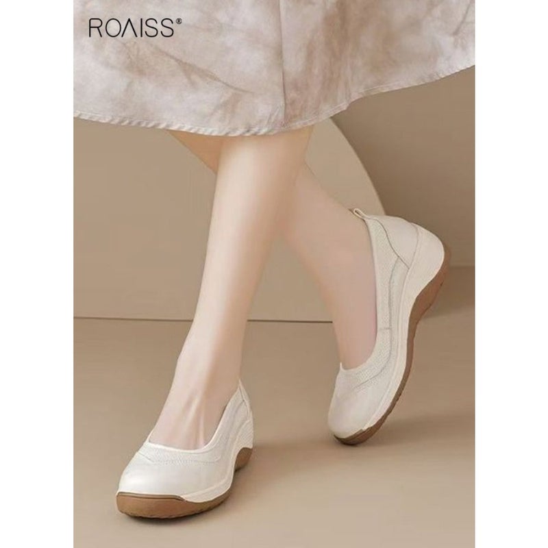 Women's Soft-Soled Comfortable Non-Slip Loafers Casual Daily Wear Breathable Slip-On Shoes with Added Height, Solid Color Round Toe Flats for Commuting, Shopping and Leisure Activities Beige - Image 2