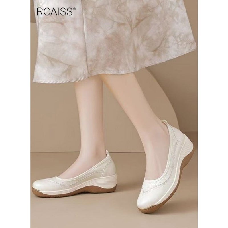 Women's Soft-Soled Comfortable Non-Slip Loafers Casual Daily Wear Breathable Slip-On Shoes with Added Height, Solid Color Round Toe Flats for Commuting, Shopping and Leisure Activities Beige - Image 1