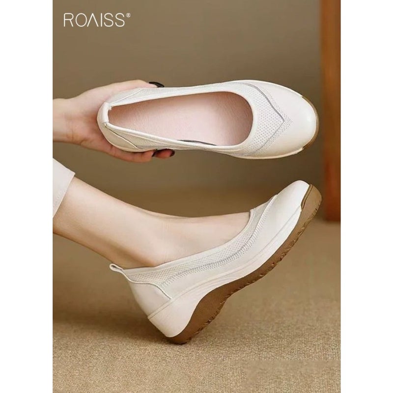 Women's Soft-Soled Comfortable Non-Slip Loafers Casual Daily Wear Breathable Slip-On Shoes with Added Height, Solid Color Round Toe Flats for Commuting, Shopping and Leisure Activities Beige - Image 3