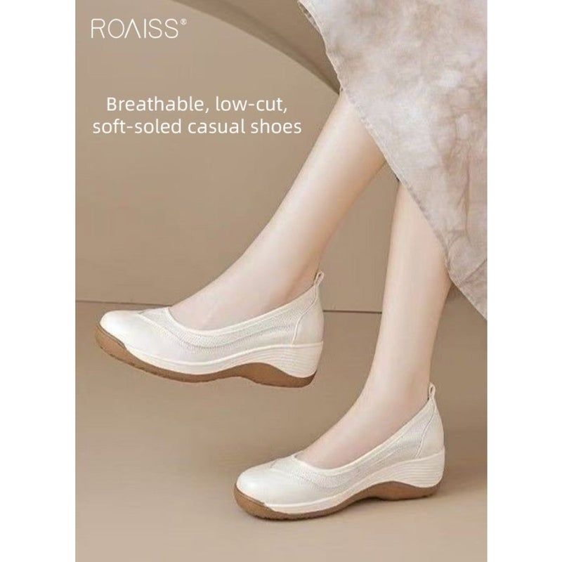 Women's Soft-Soled Comfortable Non-Slip Loafers Casual Daily Wear Breathable Slip-On Shoes with Added Height, Solid Color Round Toe Flats for Commuting, Shopping and Leisure Activities Beige - Image 4