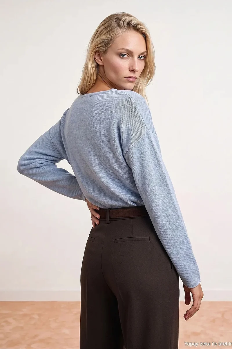 Dilvin Baby Blue DILVIN Women's V-neck Ribbed Knit Sweater for Women | Best Price UAE