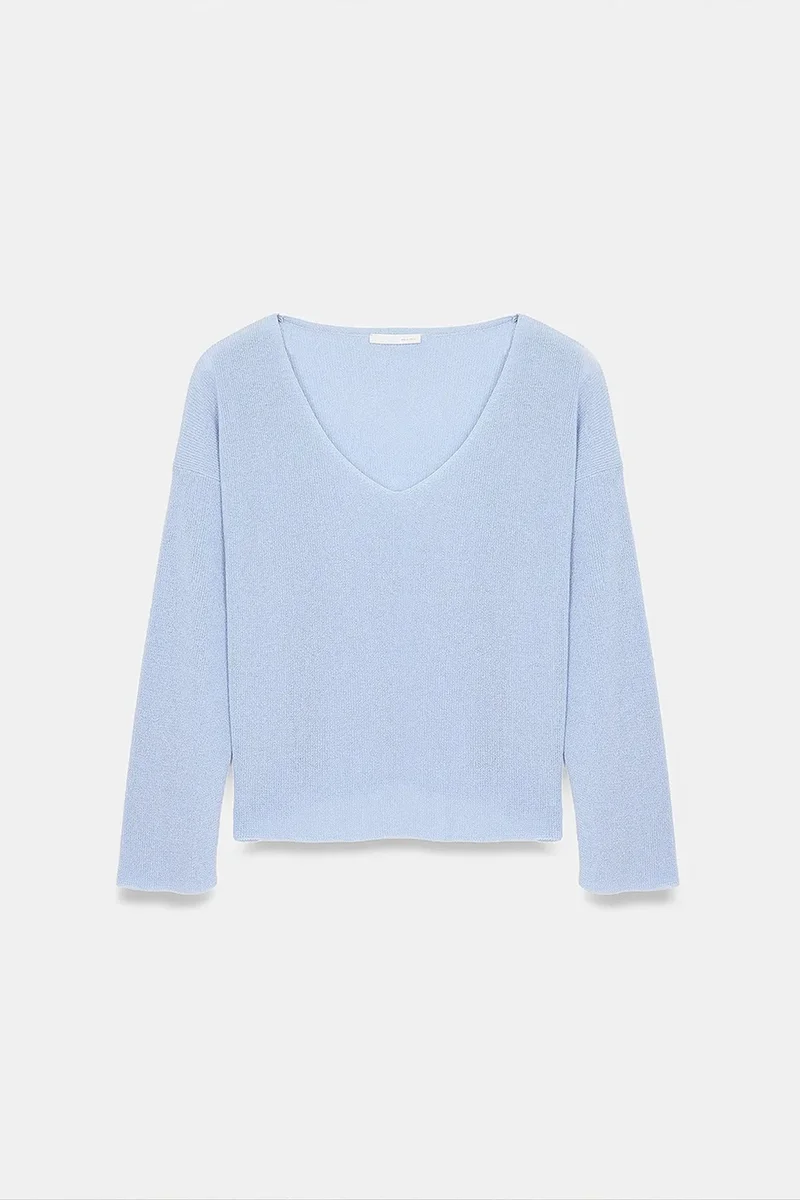 Dilvin Baby Blue DILVIN Women's V-neck Ribbed Knit Sweater for Women | Best Price UAE