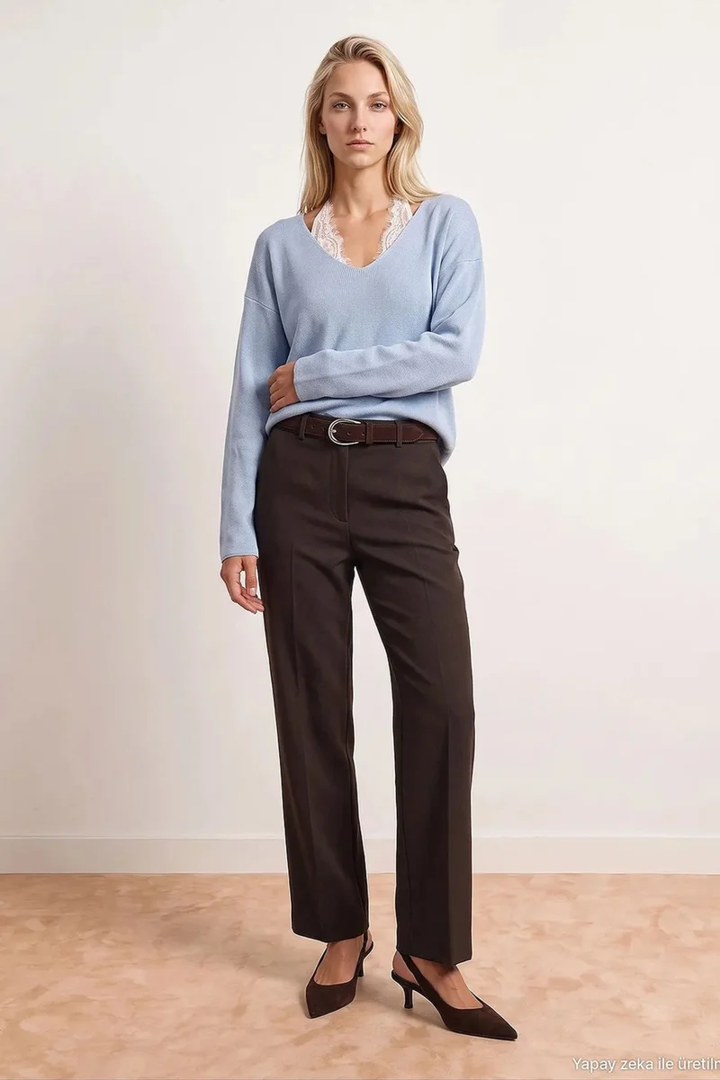 Dilvin Baby Blue DILVIN Women's V-neck Ribbed Knit Sweater for Women | Best Price UAE
