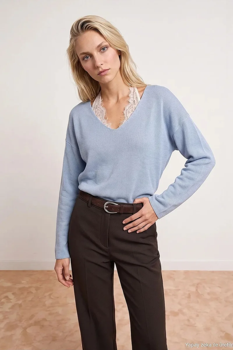 Dilvin Baby Blue DILVIN Women's V-neck Ribbed Knit Sweater for Women | Best Price UAE
