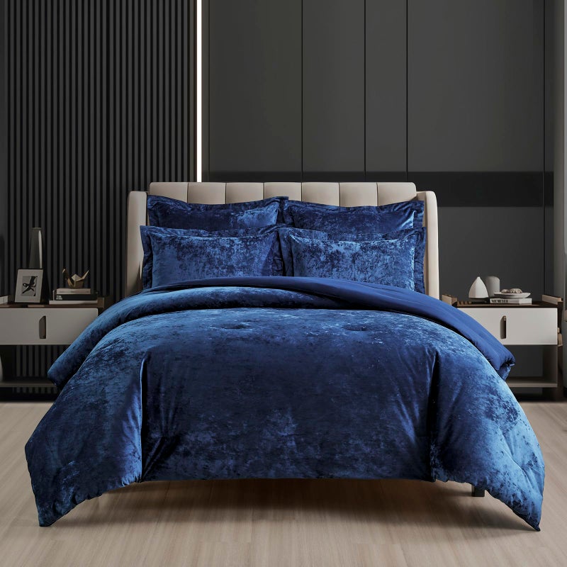 Fredsure Distressed Velvet Comforter Set, 5 Pieces Navy Queen, Distressed Velvet Face and Brushed Microfiber Reverse - Image 1