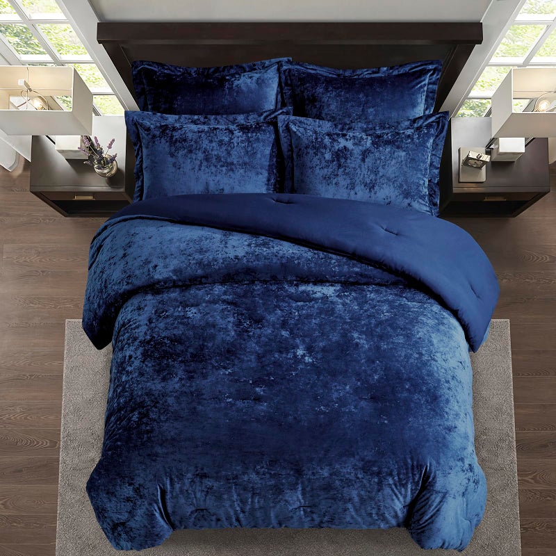 Fredsure Distressed Velvet Comforter Set, 5 Pieces Navy Queen, Distressed Velvet Face and Brushed Microfiber Reverse - Image 3
