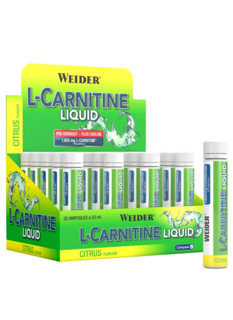 Weider L-Carnitine liquid, Pre workout, Plus choline, 1.800 mg L-carnitine, 20 Ampoules x 25 ml, Citrus  flavour 