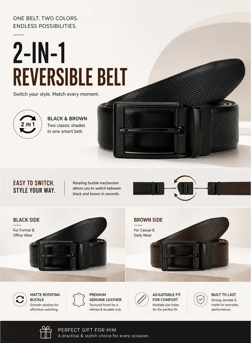 TEAKWOOD Teakwood Genuine Leather Reversible Belt for Men | Black & Brown Textured Dual Color | Formal, Office & Casual Belt | Matte Rotating Buckle | Adjustable Size | Durable Premium Finish | Ideal for Daily Wear