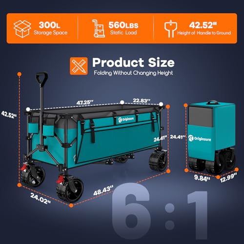 Originsure 48" L Collapsible Wagon Cart Foldable, 560lbs Weight Capacity 300L Heavy Duty Folding Beach Wagons with Big All-Terrain Wheels, Utility Carts for Groceries, Shopping, Camping, Sports - Grey&Turquoise - Image 2