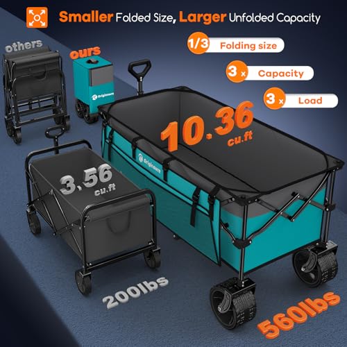 Originsure 48" L Collapsible Wagon Cart Foldable, 560lbs Weight Capacity 300L Heavy Duty Folding Beach Wagons with Big All-Terrain Wheels, Utility Carts for Groceries, Shopping, Camping, Sports - Grey&Turquoise - Image 3