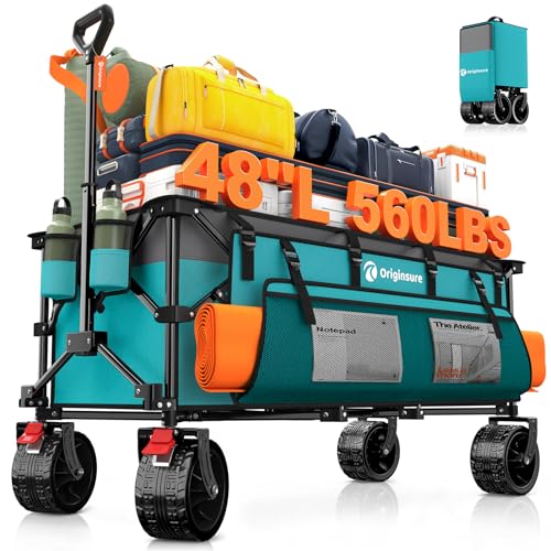 Originsure 48" L Collapsible Wagon Cart Foldable, 560lbs Weight Capacity 300L Heavy Duty Folding Beach Wagons with Big All-Terrain Wheels, Utility Carts for Groceries, Shopping, Camping, Sports - Grey&Turquoise - Image 1