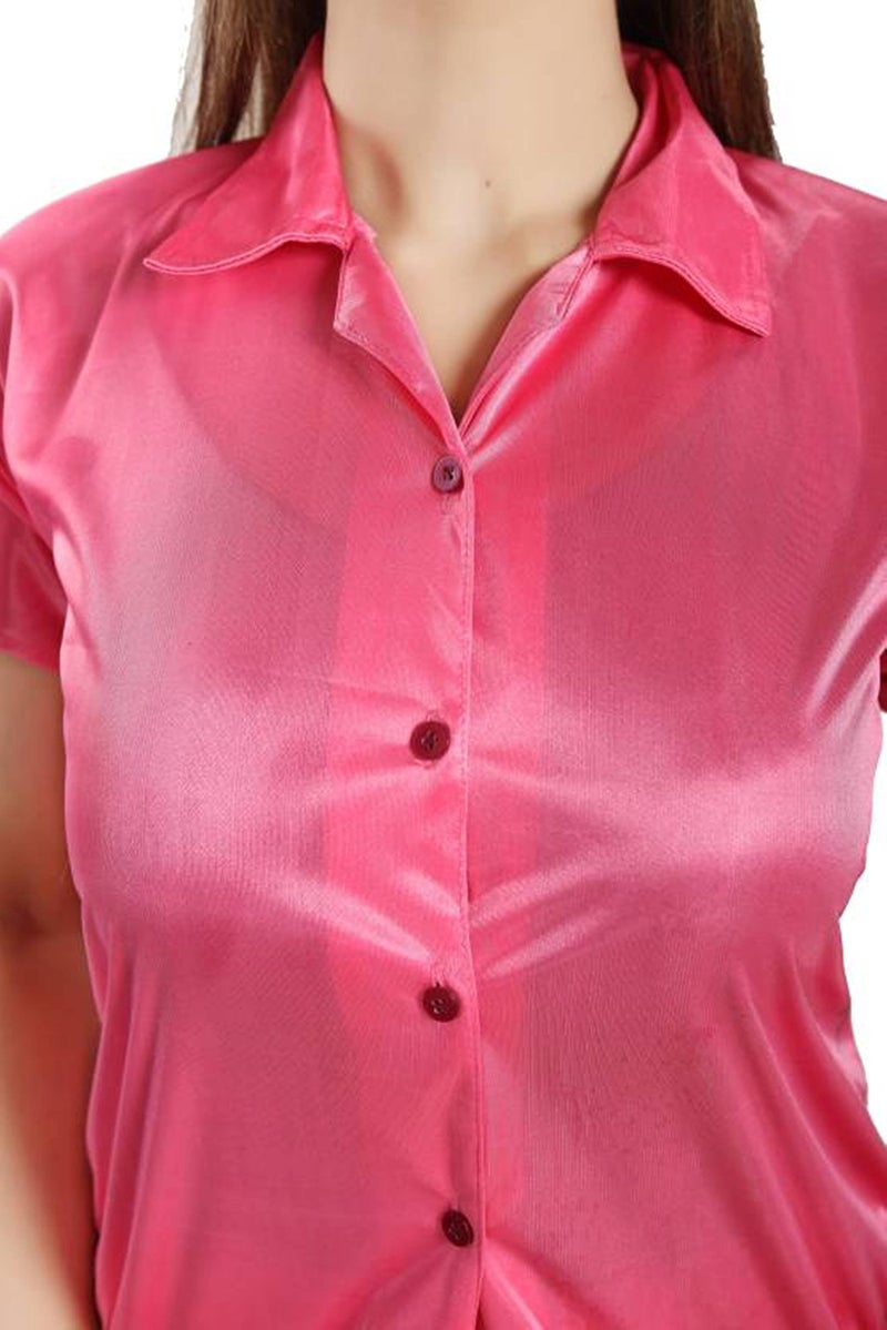 Fabme Women's Plain Satin Night Suit (Shirt and Pyjama) (Peach) (Size - Medium || Bust 36") - Image 4