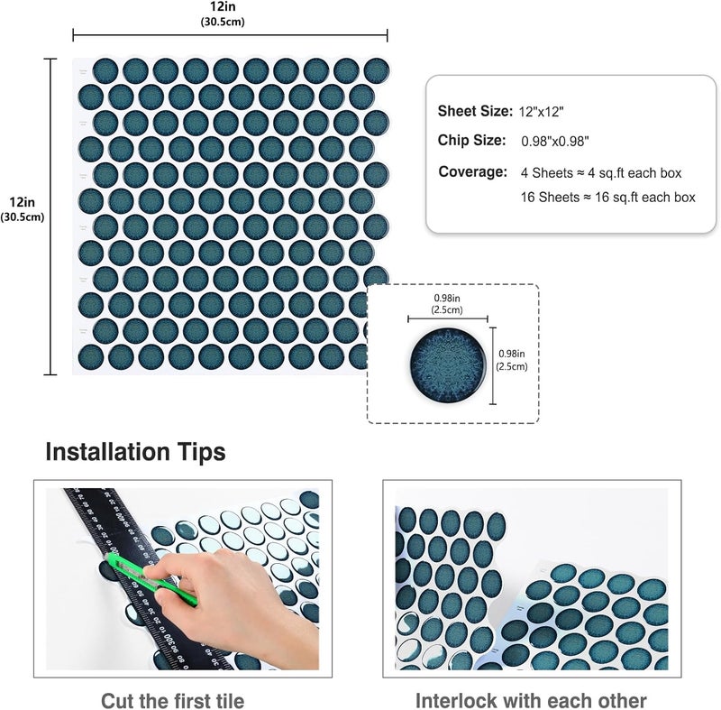 CRE8TIVE 4 Sheets Teal Blue Peel and Stick Backsplash Penny Round Tile Stick on Backsplash for Kitchen 12"x12" Mosaic Tile Stickers Waterproof Self Adhesive Back Splash for Bathroom Shower Wall Tiles - Image 2