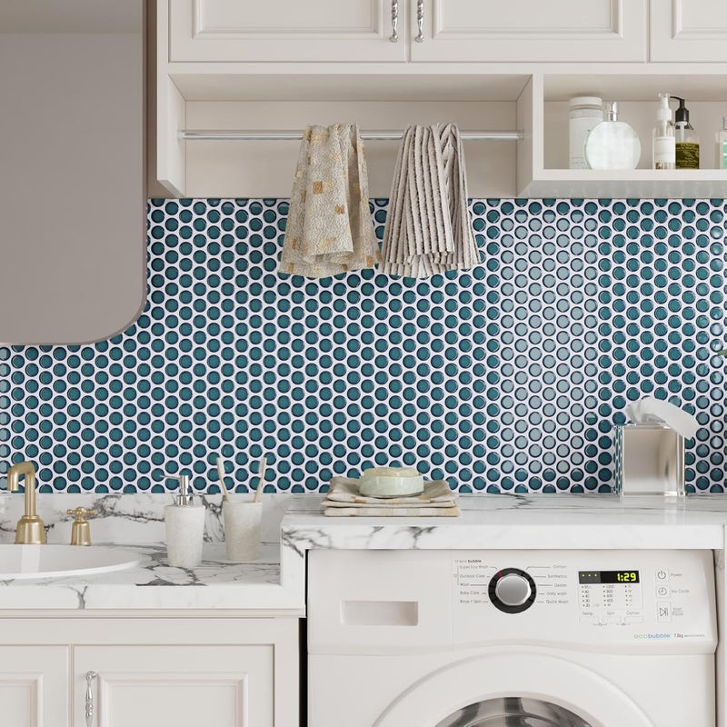 CRE8TIVE 4 Sheets Teal Blue Peel and Stick Backsplash Penny Round Tile Stick on Backsplash for Kitchen 12"x12" Mosaic Tile Stickers Waterproof Self Adhesive Back Splash for Bathroom Shower Wall Tiles - Image 4
