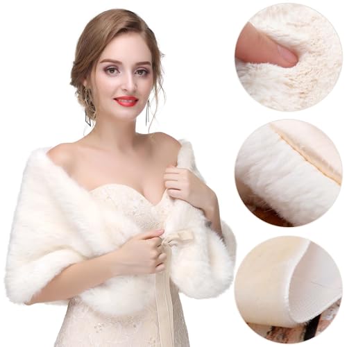 Olbye Women's Faux Fur Shawls and Wraps Wedding Fur Wrap 1920 Bridal Fur Stole Sleeveless Scarf for Bride and Bridesmaid (Ivory) - Image 4