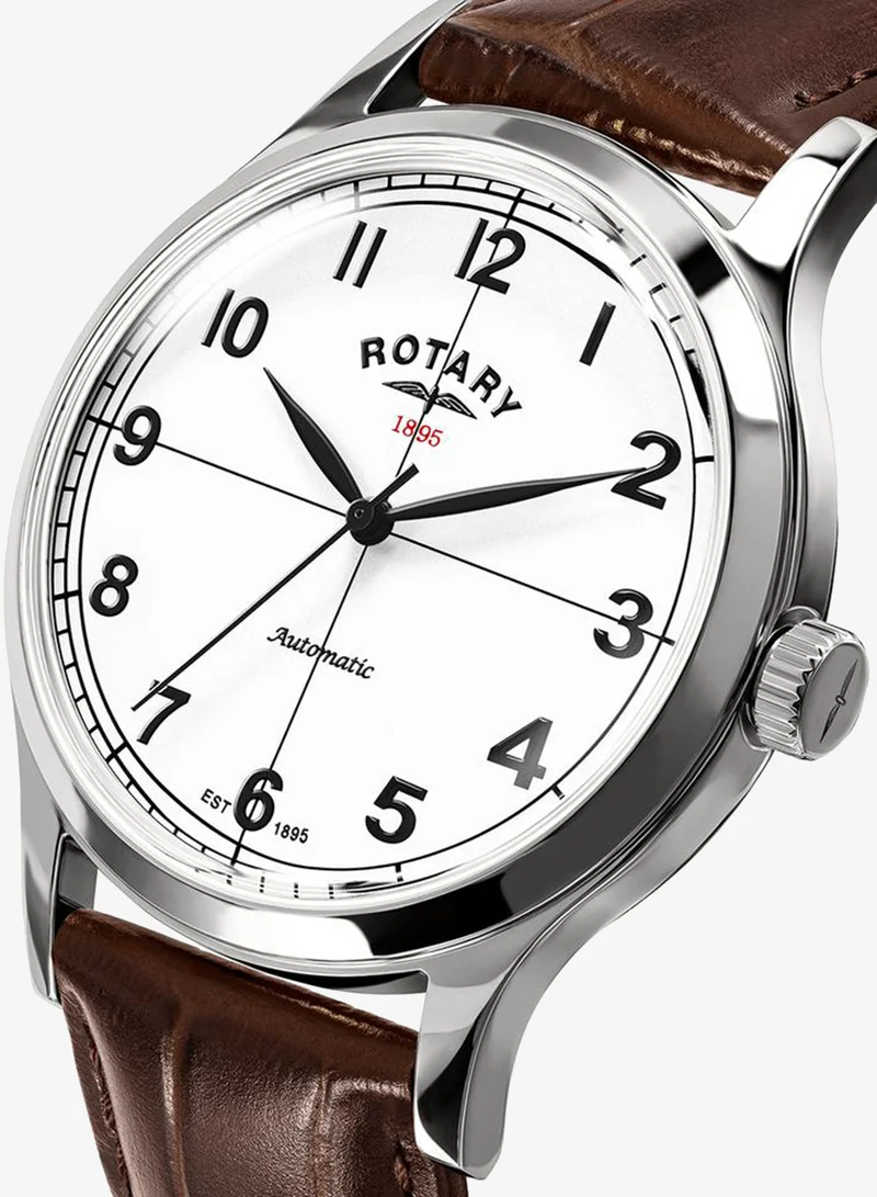 Rotary Rotary Men's 1895 Automatic Stainless Steel White Dial Brown Leather Strap Watch - RGS10081/01