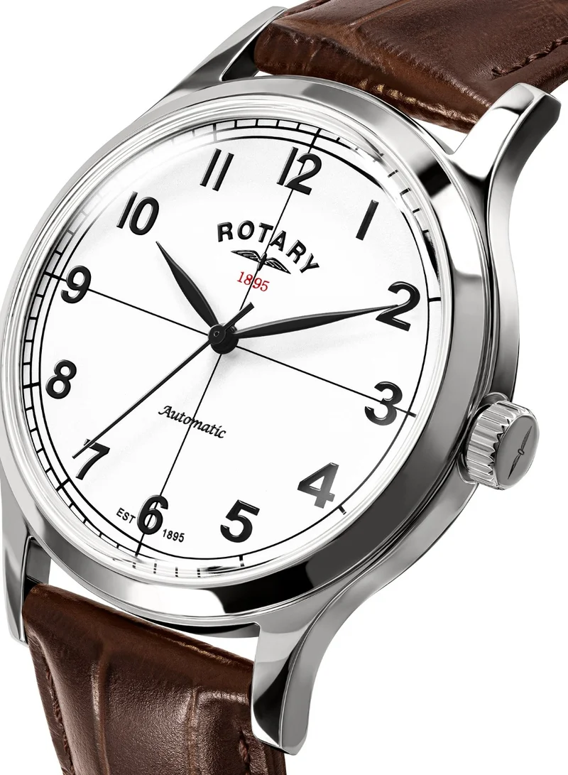 Rotary Men's 1895 Automatic Watch, 40 mm, White Dial, Brown Leather Strap